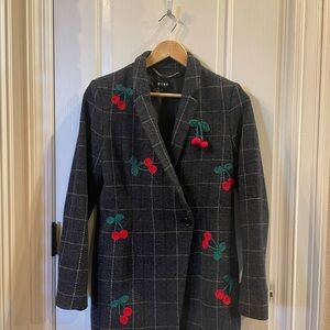 DKNY Black Plaid Cherry Embroidered Blazer